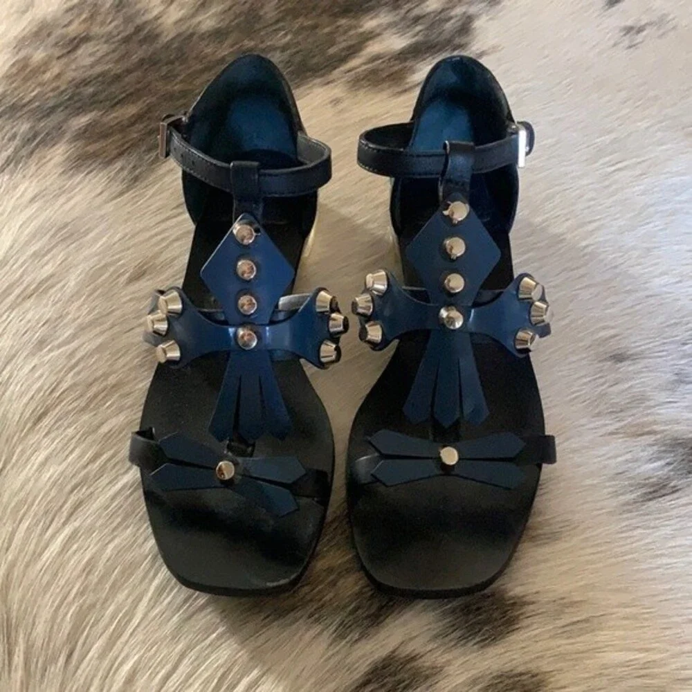 Tory Burch Aurora Leather Studded Ankle-Strap Sandals Blue and Black Size: 6